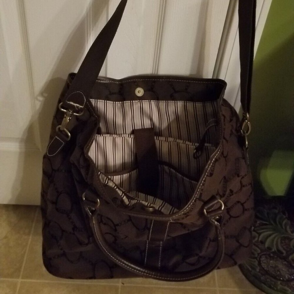 Getaway/ Weekend Brown Bag Stirup Print Holds Laptop Striped Interior by Chaps